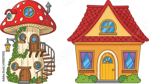 Fantasy Mushroom House and Cozy Cartoon Cottage Illustration Set Featuring Whimsical Fairy Tale Homes for Kids Storybooks, Games, and Magical Village Designs