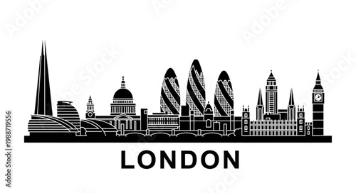 London city skyline silhouette with famous landmarks and architectural buildings.