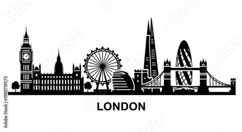 London city skyline silhouette with iconic architectural landmarks and famous buildings.