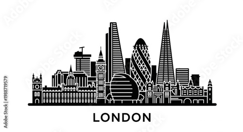 London city skyline silhouette with iconic landmarks and modern buildings.