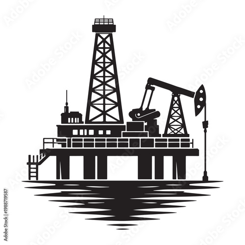 Industrial offshore oil rig silhouette, petroleum drilling platform vector icon, black gas extraction derrick on water, energy fuel production graphic