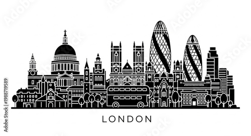 London Cityscape Silhouette with Famous Landmarks Vector Illustration.
