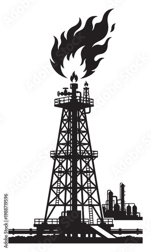 Industrial oil rig silhouette with gas flare, petroleum drilling derrick vector, black and white energy production plant icon on white background