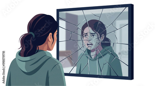 Distressed woman screaming at her reflection in a broken mirror representing world schizophrenia day, illustrating identity crisis, fractured reality, and severe mental health struggles.
