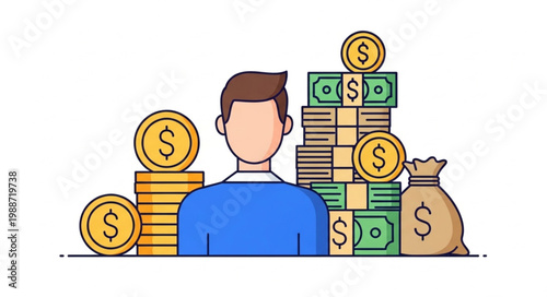 Man Standing In Front Of Stacks Of Money And Coins.