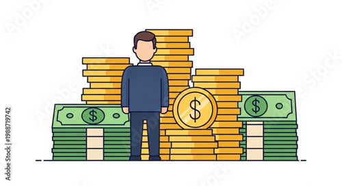 Man Standing Confidently Amongst Stacks of Money and Gold Coins.