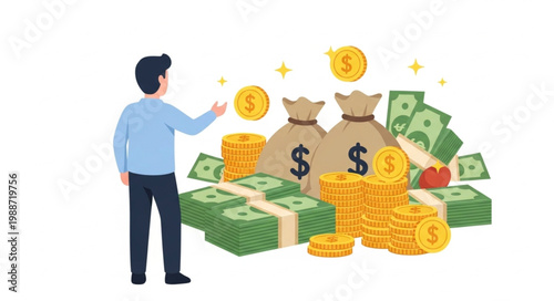 Man standing near a large pile of money and coins.