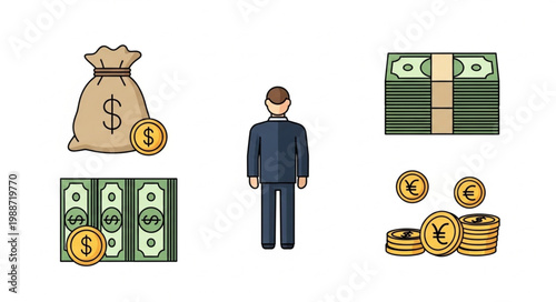 Man Standing With Money Bag Stacked Bills and Coins.