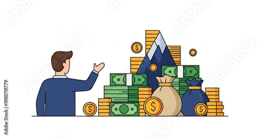 Man standing next to a large pile of money and coins.