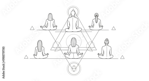 Meditating figures arranged in sacred geometry pattern.