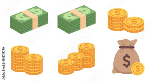 Money and Coins Collection Isometric Icons.