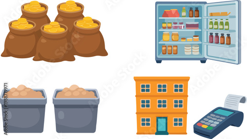 Flat cartoon illustration set featuring money sacks refrigerator with food groceries building facade and payment terminal for banking and retail business design elements