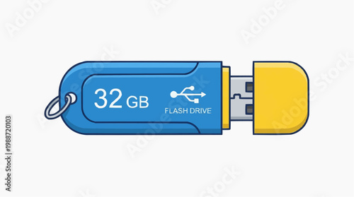 A colorful illustration of a blue and yellow USB flash drive with a keychain ring