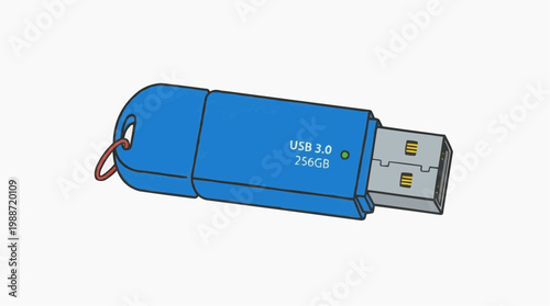 A blue USB flash drive with a red cord and a silver connector on a white background