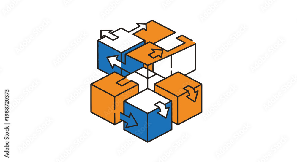 Fototapeta premium Abstract Geometric Composition Graphic: Colorful Cubes With Arrows Indicating Movement and