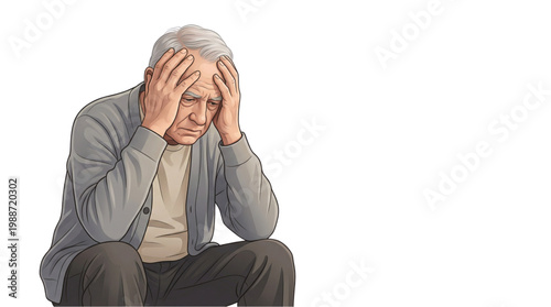 Distressed older person holding head in despair against white background representing world schizophrenia day, illustrating mental health struggles, depression, and cognitive decline.
