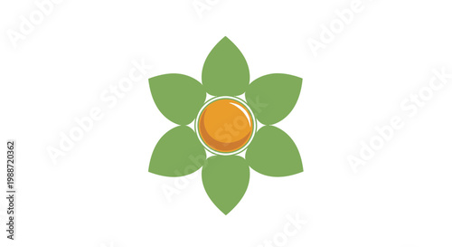 Abstract Floral Design with Green Petals and Orange Center Simple Vector Illustration