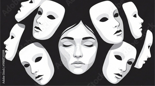 Conceptual artwork of a woman surrounded by blank masks representing world schizophrenia day, illustrating identity crisis, multiple personalities, and hiding true emotions.
