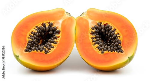 Two halves of a ripe papaya fruit with black seeds inside, isolated on white background