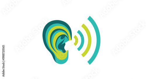 Abstract Ear Symbol with Sound Waves, Illustrating Hearing and Auditory Perception