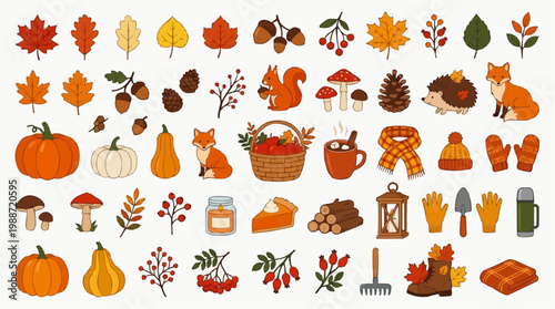 A colorful vector illustration of various autumnal icons and symbols arranged in rows on a white background