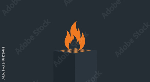 Abstract Fire Illustration Over A Dark Cube With Simple Orange Shapes And Grilling Elements