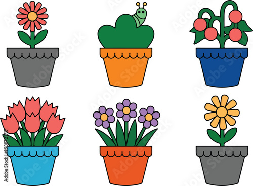 Set of cute cartoon flower pots with colorful spring blossoms and a friendly green caterpillar character for garden stickers nature projects and preschool education flat vector