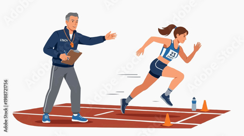 A female athlete sprinting on a track with her coach guiding her