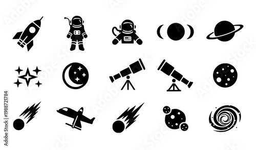 Space Exploration and Astronomy Icon Set Black Silhouette Vector Collection