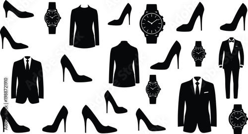 Fashion, clothing, accessories, set, cad, drawing, flat, vector, illustration, suit, watch, high, heels, collection, black, silhouette, isolated, style, icons, apparel.