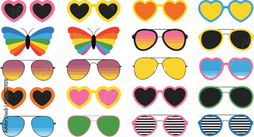 Large collection of colorful sunglasses icons featuring heart shapes butterfly frames and aviator styles for summer vacation party accessories and fashion flat vector illustration