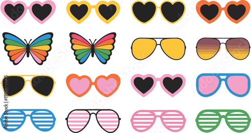Large collection of colorful sunglasses icons featuring heart shapes butterfly frames and aviator styles for summer vacation party accessories and fashion flat vector illustration