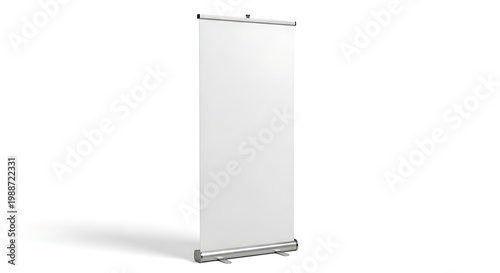 Blank, upright roll-up banner stand, empty for display, on a white background