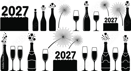Happy New Year 2027 celebration icon set cad drawing flat vector illustration with champagne bottles fireworks glasses and party silhouettes