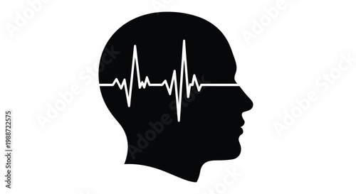 Black silhouette of a human head with an ecg heartbeat line across the brain area shown