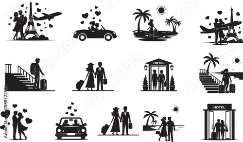 Black silhouettes of couples on romantic vacations with luggage and transportation