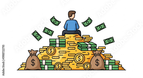 Person sitting on a large pile of money symbolizing wealth and financial success.