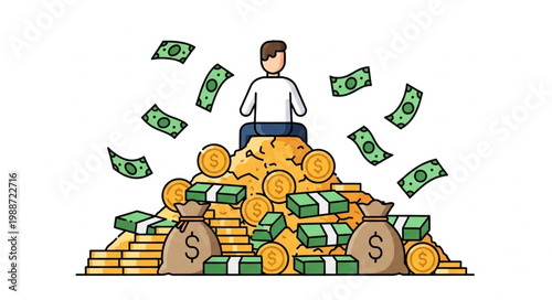 Person sitting on a large pile of money surrounded by falling cash and coins representing wealth and financial success.