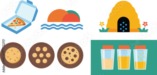 Flat cartoon illustration set featuring pizza in a box beehive landscape and spice jars for food blog graphics and cafe menu design elements collection vector