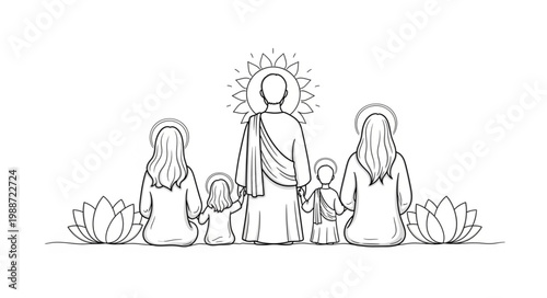 Religious drawing of Buddha with children and lotus flowers.