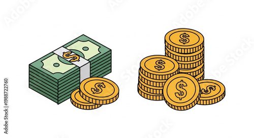 Stack of dollar banknotes and golden coins representing financial prosperity.