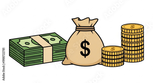 Stack of Money Bills and Coins with a Bag of Cash.