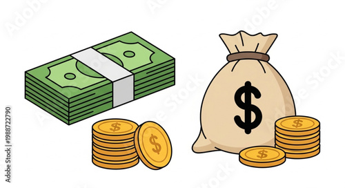 Stack of US Dollar Bills and Money Bag with Coins.