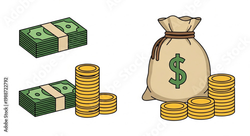 Stacks of cash and a money bag with coins.