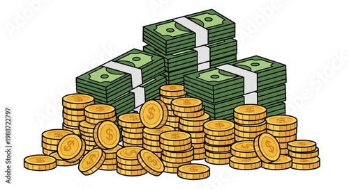 Stacks of Cash and Gold Coins Representing Wealth and Fortune 1.