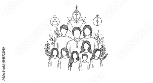 Stylized Line Art Drawing of a Large Family Group Portrait.