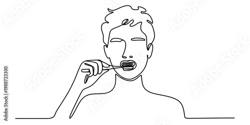 A single line drawing of a young man brushing his teeth to maintain good oral health and hygiene Vector, illustration