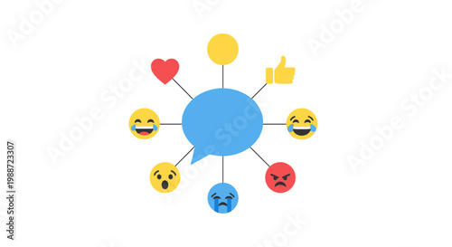 A blue speech bubble with various emoticons.