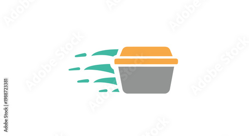 A grey and orange takeout food container speeding by with green motion lines.