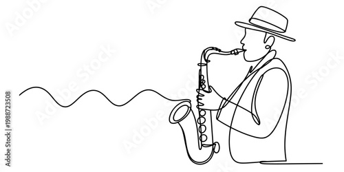 A single continuous line drawing of a musician playing the saxophone with sound waves flowing out Vector, illustration